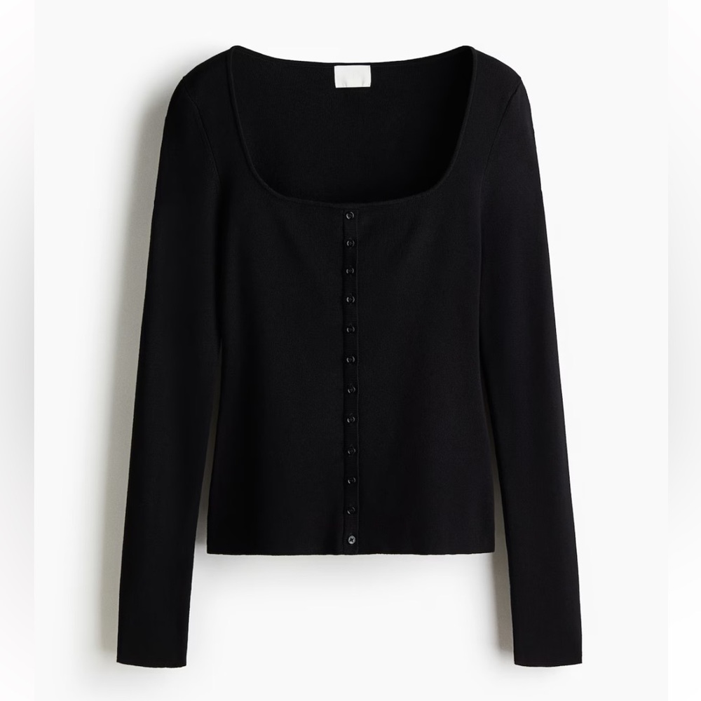 H&M Ribbed Black Button Down Square Neck Top